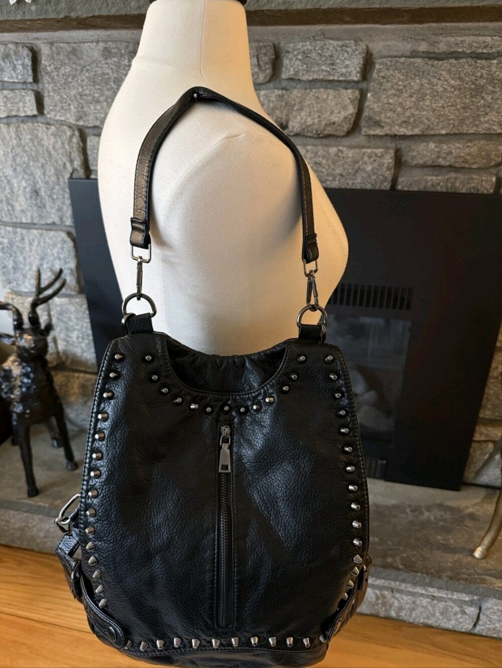 Black Stud Backpack Bag Shoulder Goth Punk Oversized Boho Slouchy Purse Travel